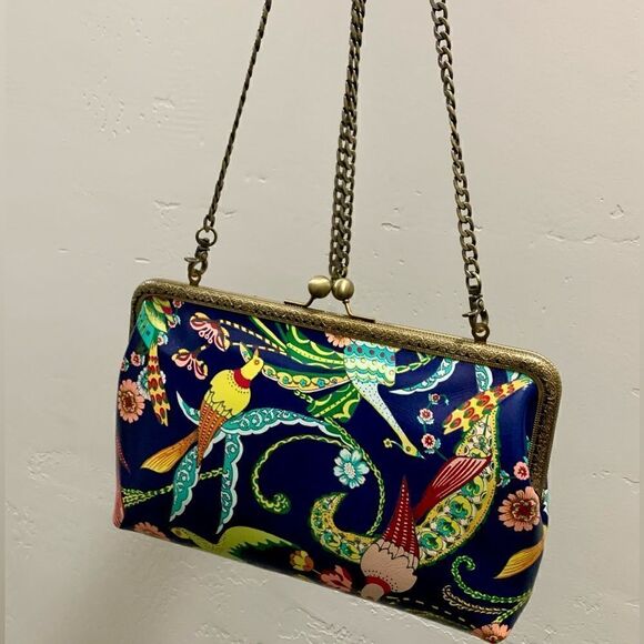 Handsewn Genuine Leather Floral Printed, Kisslock Clutch/Crossbody/Evening bag